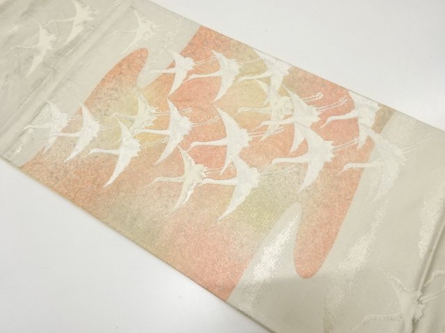 アンティーク　引箔　群鶴模様織り出し袋帯（材料）